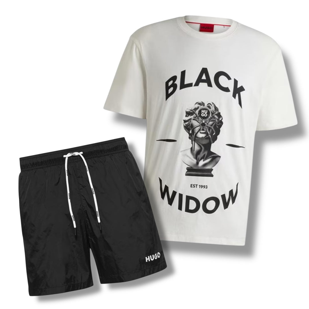 HUGO BLACK WIDOW T-SHIRT & SWIM SHORTS SET WHITE / BLACK