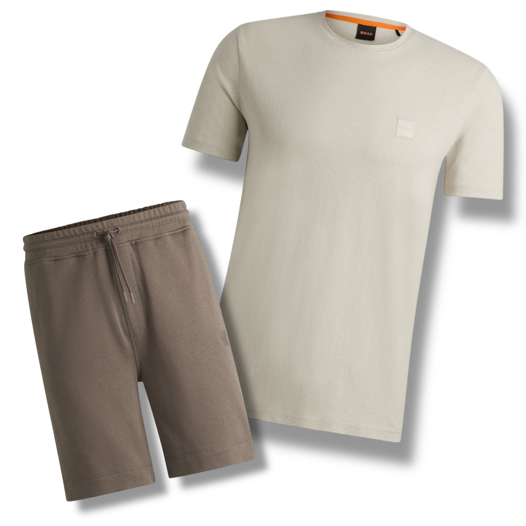 HUGO BOSS PATCH T-SHIRT & JERSEY SHORTS SET BEIGE & BROWN