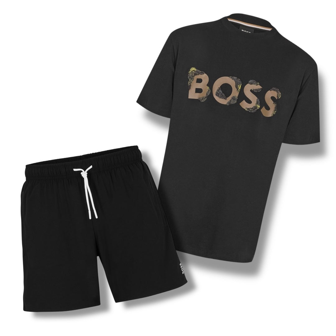 HUGO BOSS BROWN LOGO T-SHIRT & TRI STRIPE SWIM SHORTS SET BLACK