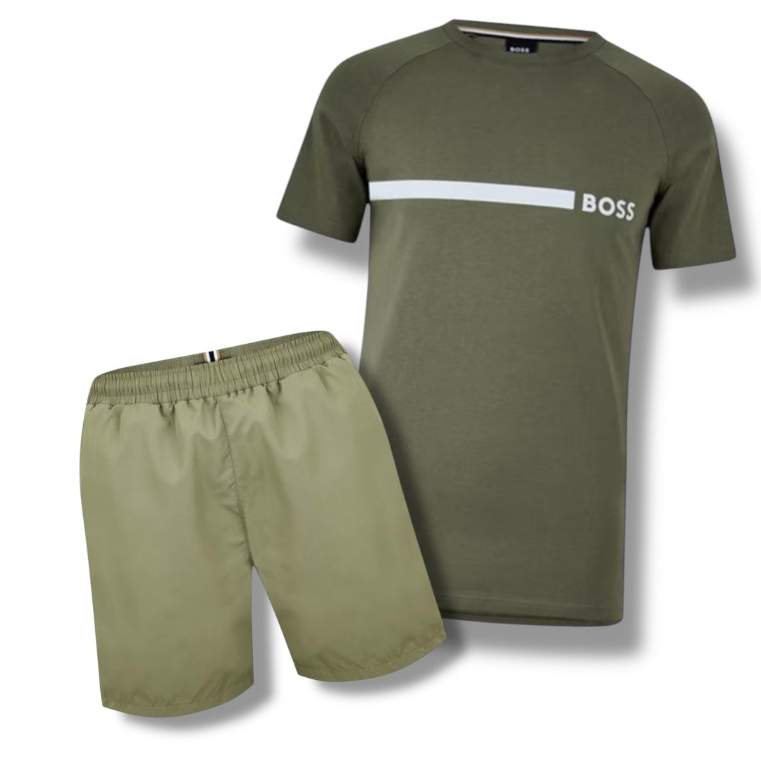 HUGO BOSS TRIM LOGO T-SHIRT & SWIM SHORTS COMBO KHAKI GREEN