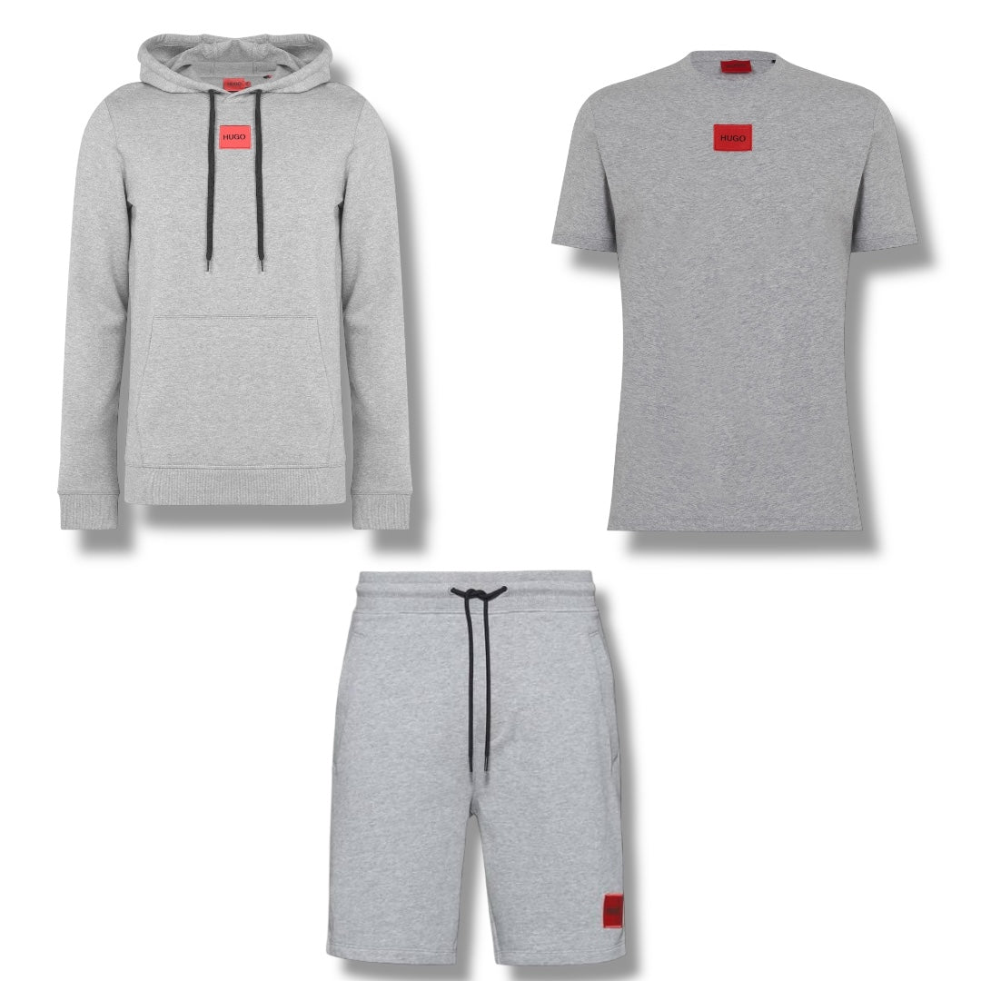 HUGO BOSS HUGO RED PATCH HOODIE - T-SHIRT & JERSEY SHORTS TRIPLE SET LIGHT GREY