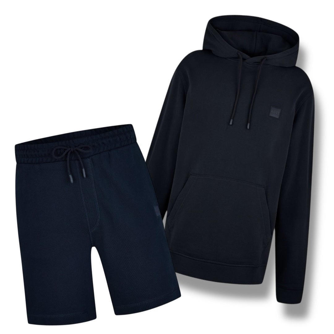 HUGO BOSS PATCH HOODIE & JERSEY SHORTS SET NAVY BLUE