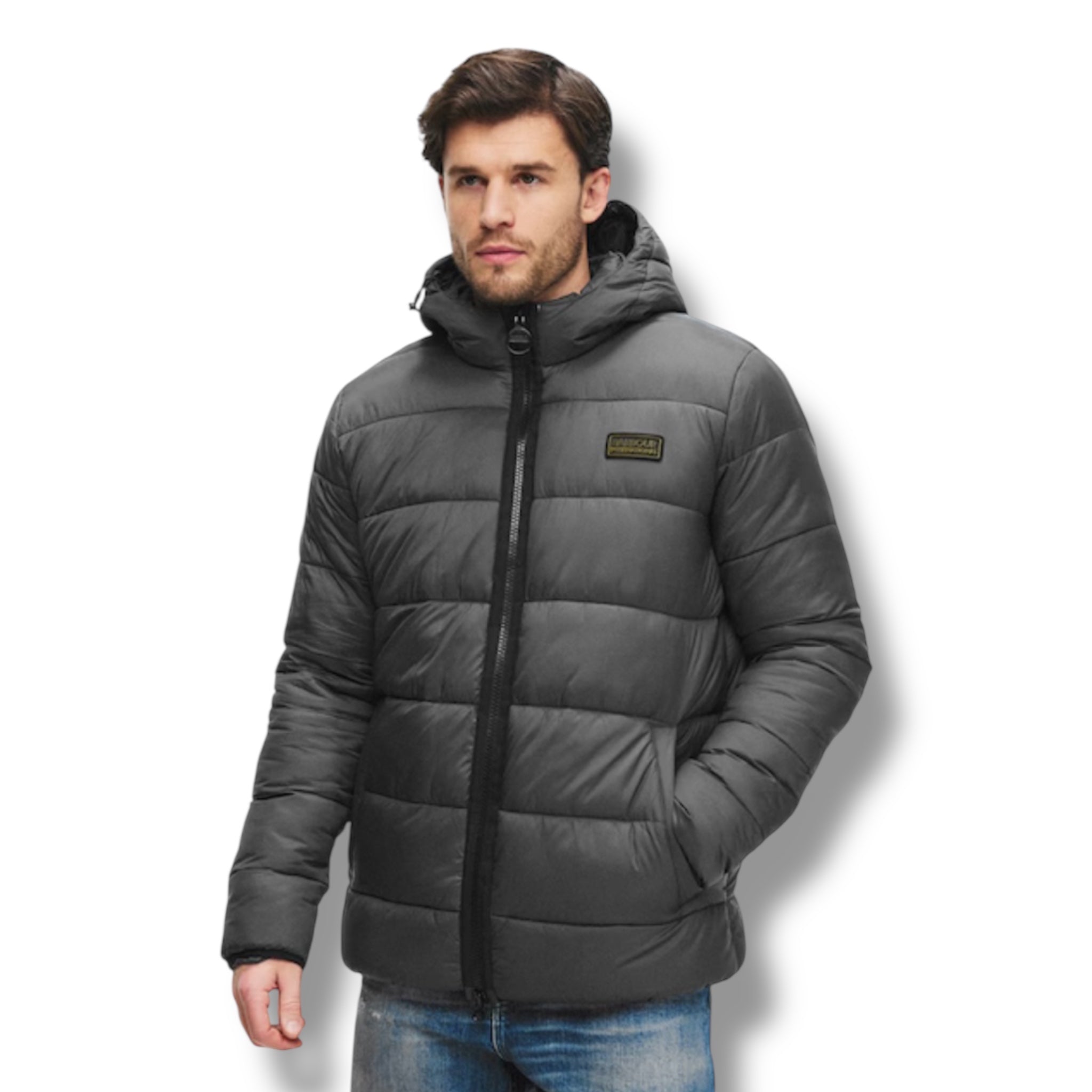 BARBOUR INTERNATIONAL HOODED PUFFER JACKET GREY
