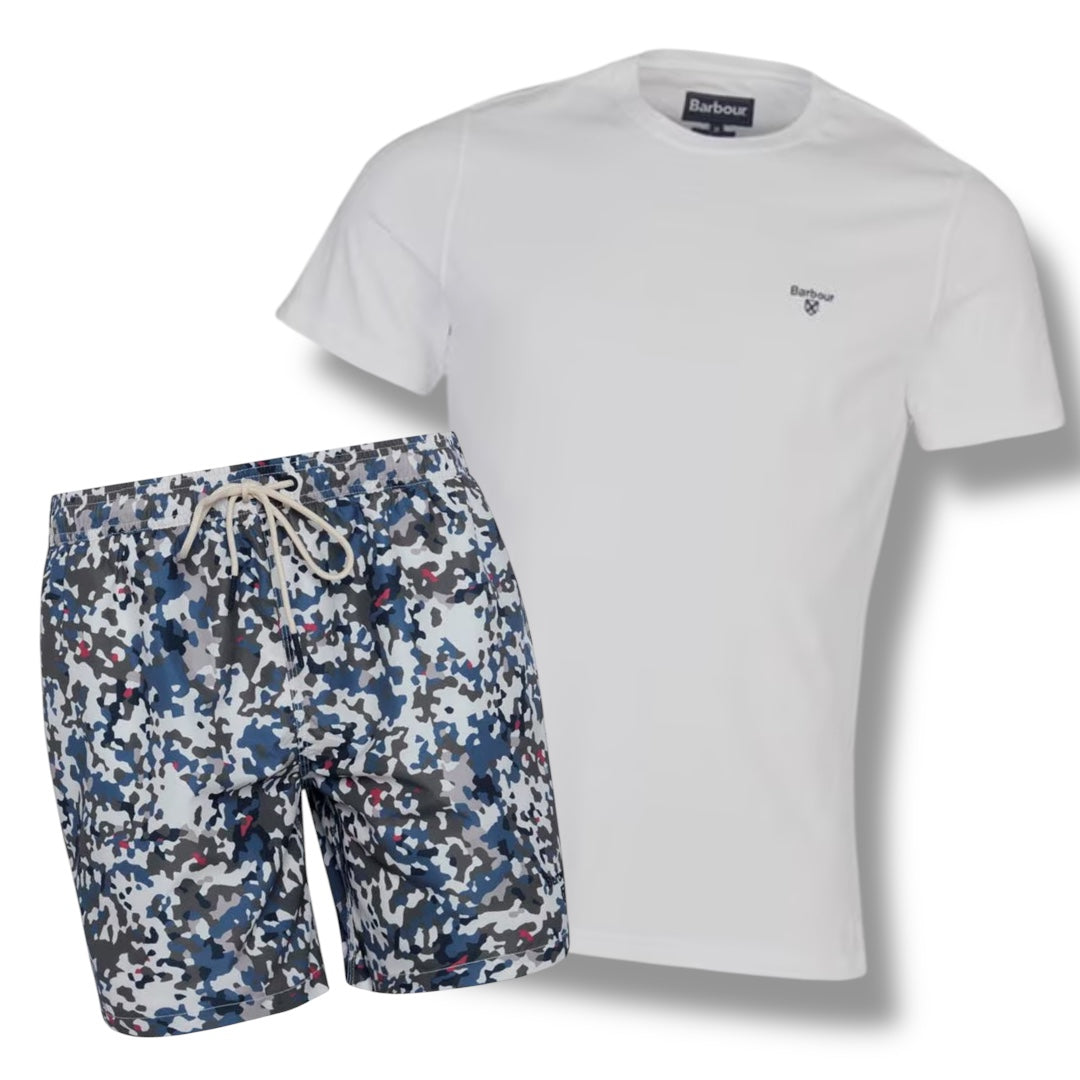 BARBOUR SMALL LOGO T-SHIRT & SWIM SHORTS COMBO WHITE - DIGITAL CAMO
