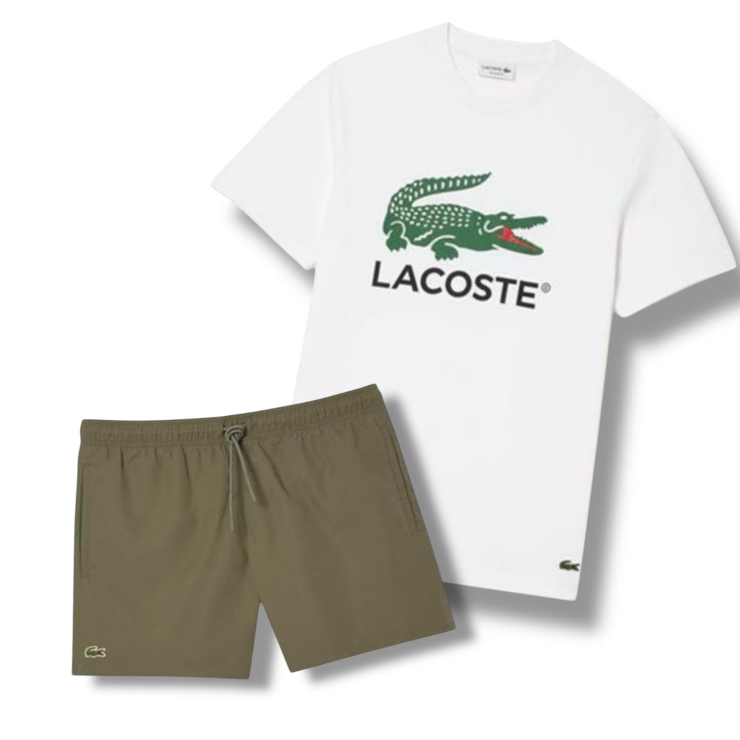 LACOSTE BIG CROC LOGO T-SHIRT & SWIM SHORTS COMBO WHITE / KHAKI GREEN