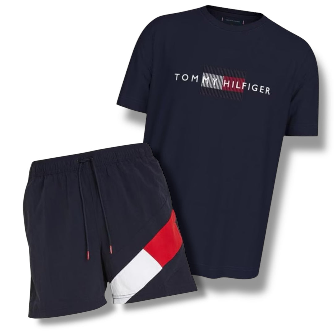 TOMMY HILFIGER FLAG LOGO T-SHIRT & SWIM SHORTS COMBO NAVY