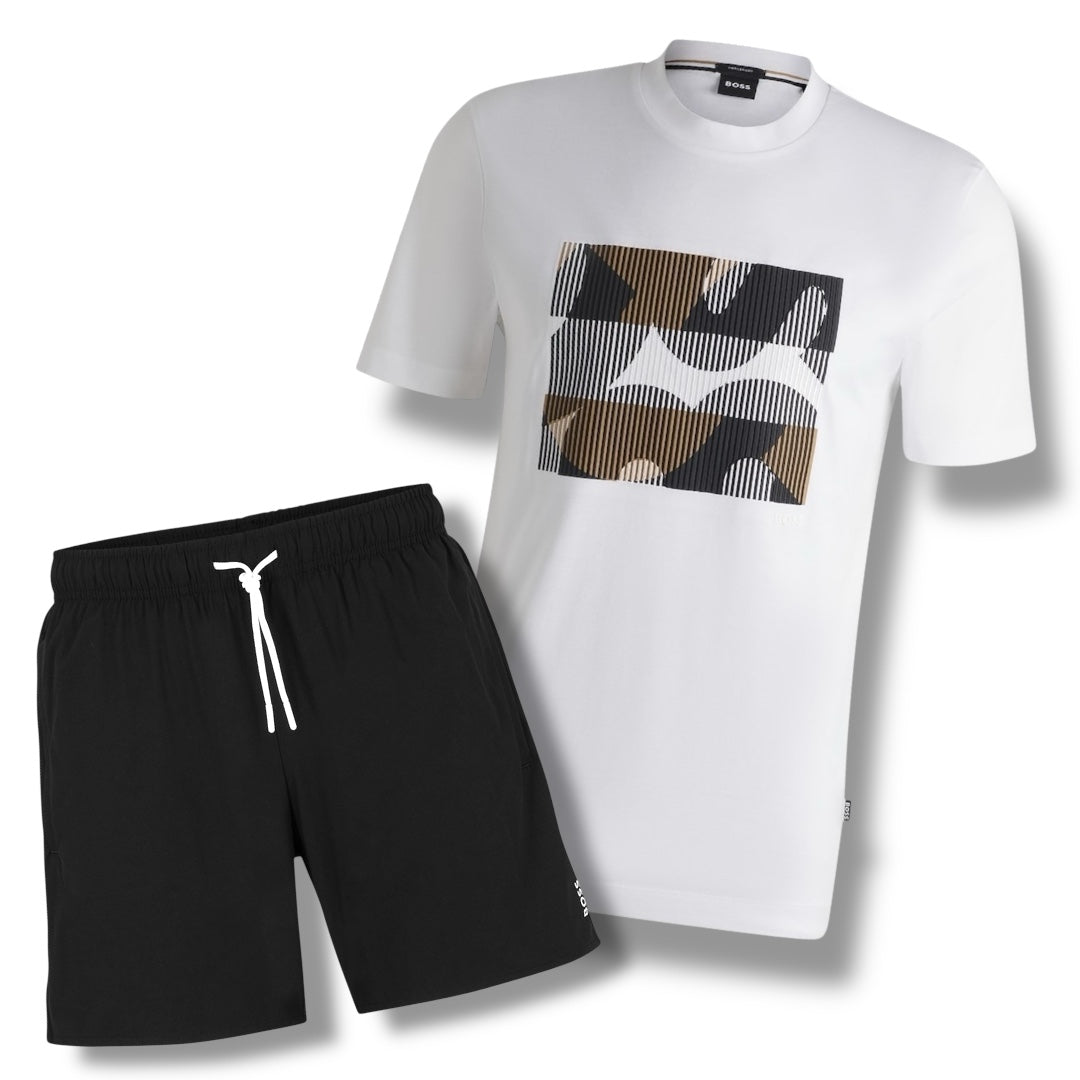 HUGO BOSS TRI STRIPE T-SHIRT & TRI STRIPE SWIM SHORTS SET WHITE