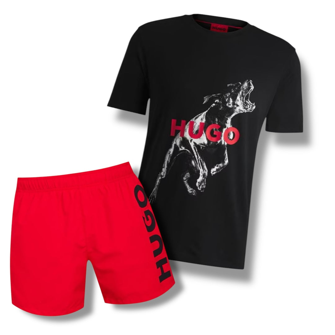 HUGO ROBO DOG T-SHIRT & VERTI SWIM SHORTS COMBO BLACK / RED
