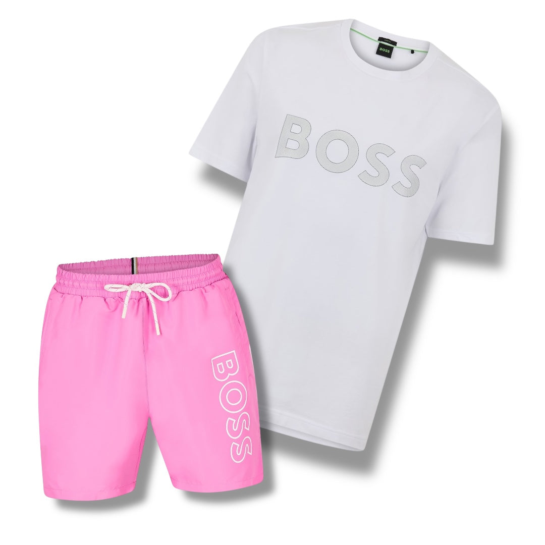 HUGO BOSS CLASSIC LOGO T-SHIRT & SWIM SHORTS SET WHITE & PINK