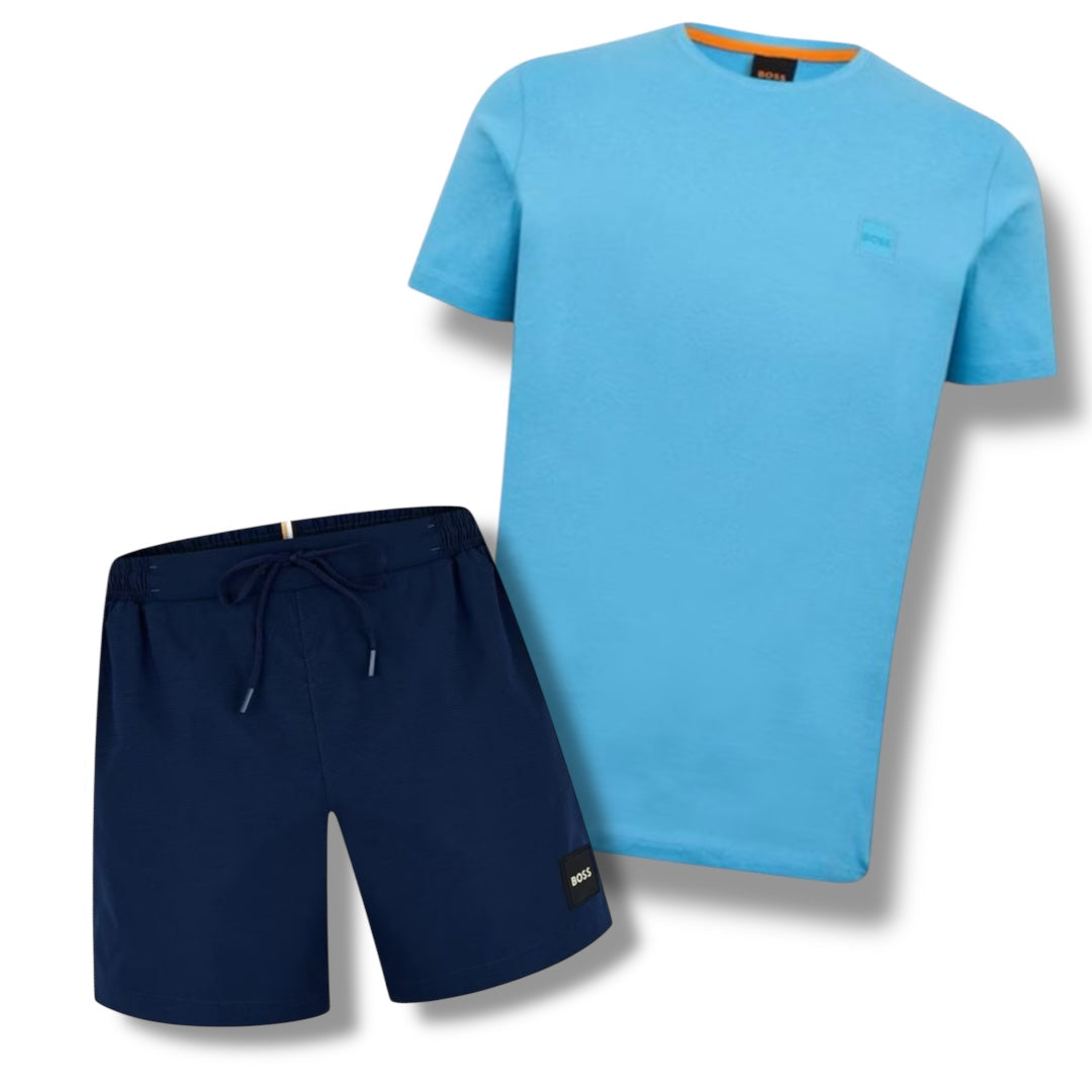 HUGO BOSS PATCH LOGO T-SHIRT & SWIM SHORTS COMBO OCEAN BLUE / NAVY