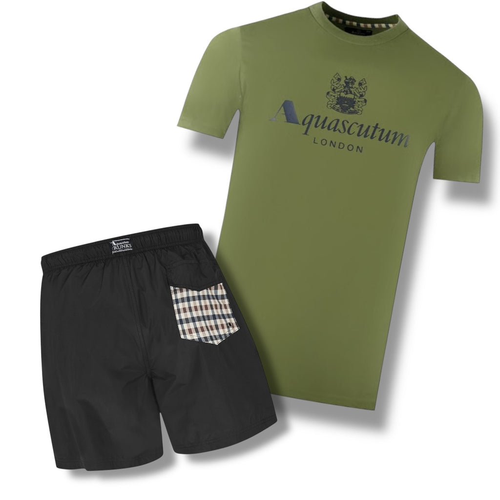 AQUASCUTUM BIG LOGO T-SHIRT & SWIM SHORTS SET BACK POCKET GREEN / BLACK