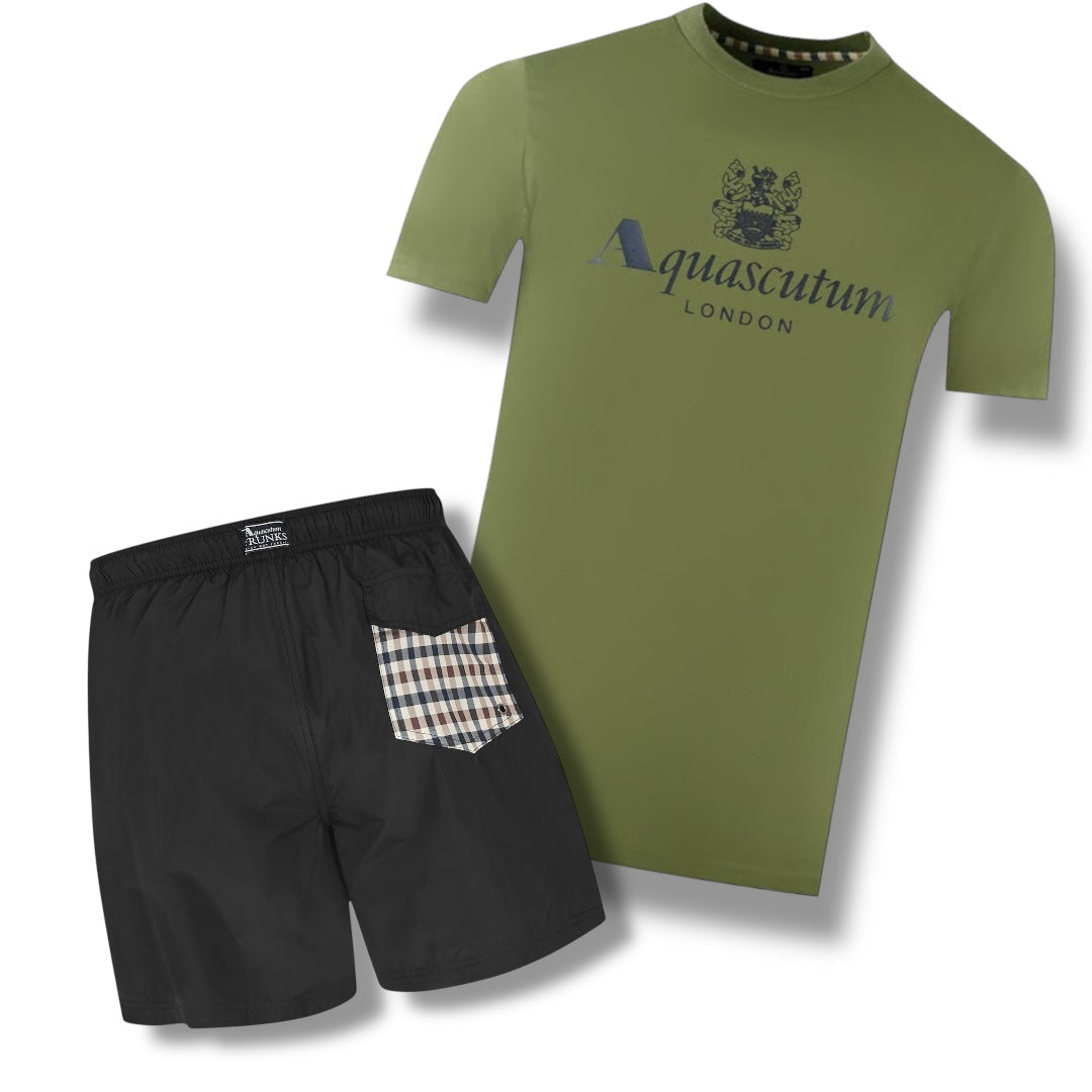 AQUASCUTUM BIG LOGO T-SHIRT & SWIM SHORTS SET BACK POCKET GREEN / BLACK