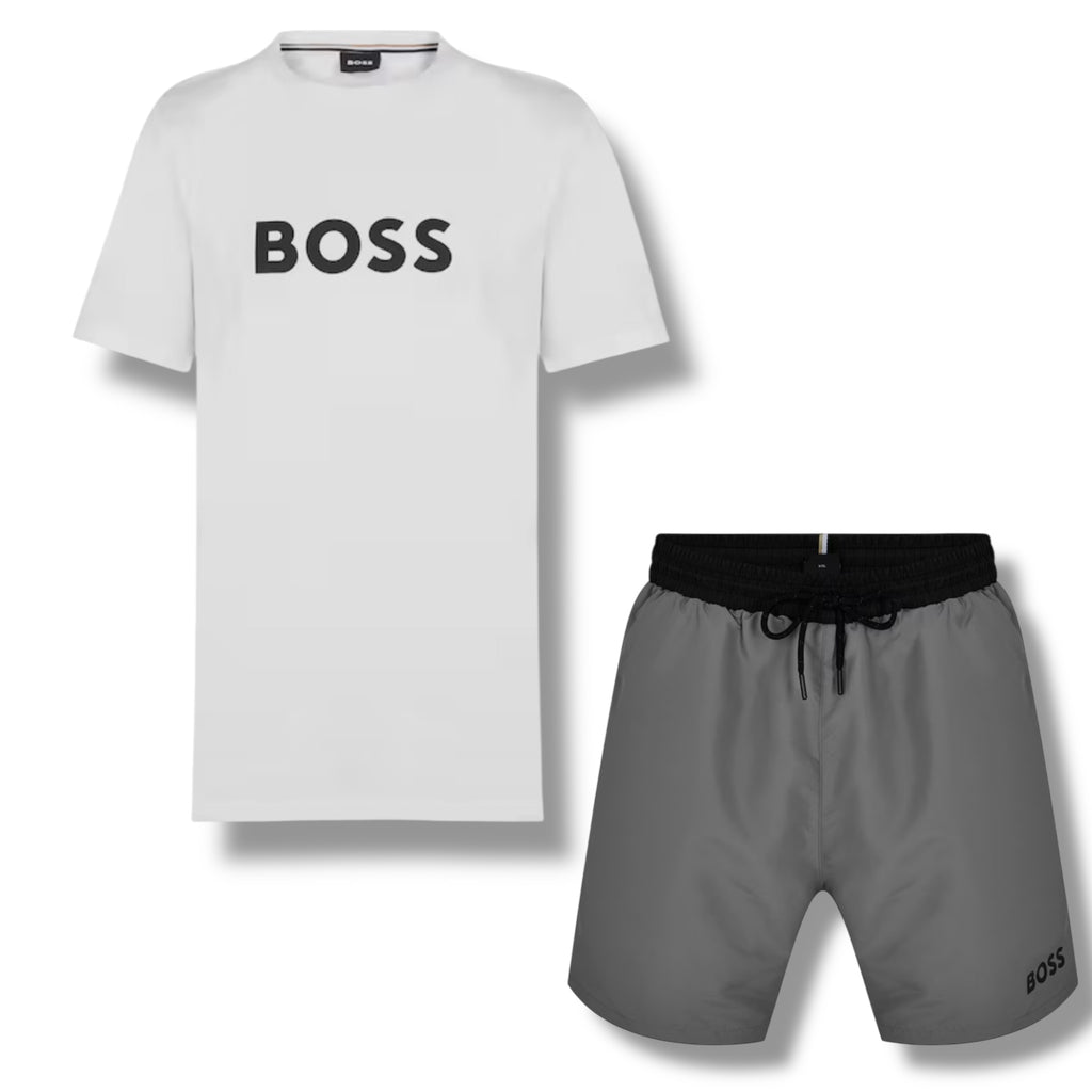 HUGO BOSS BIG LOGO T-SHIRT & SWIM SHORTS COMBO WHITE & GREY