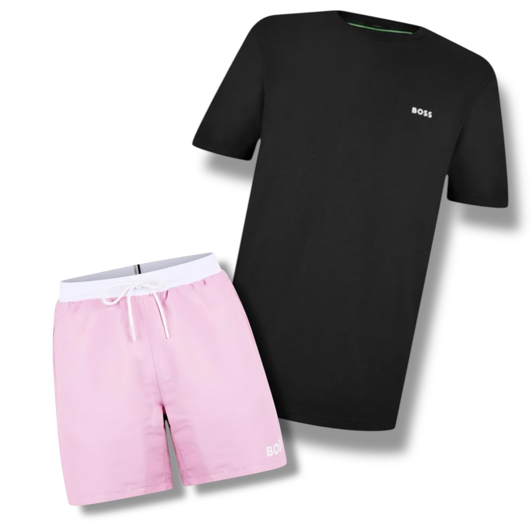 HUGO BOSS SMALL LOGO T-SHIRT & SWIM SHORTS COMBO BLACK / PINK