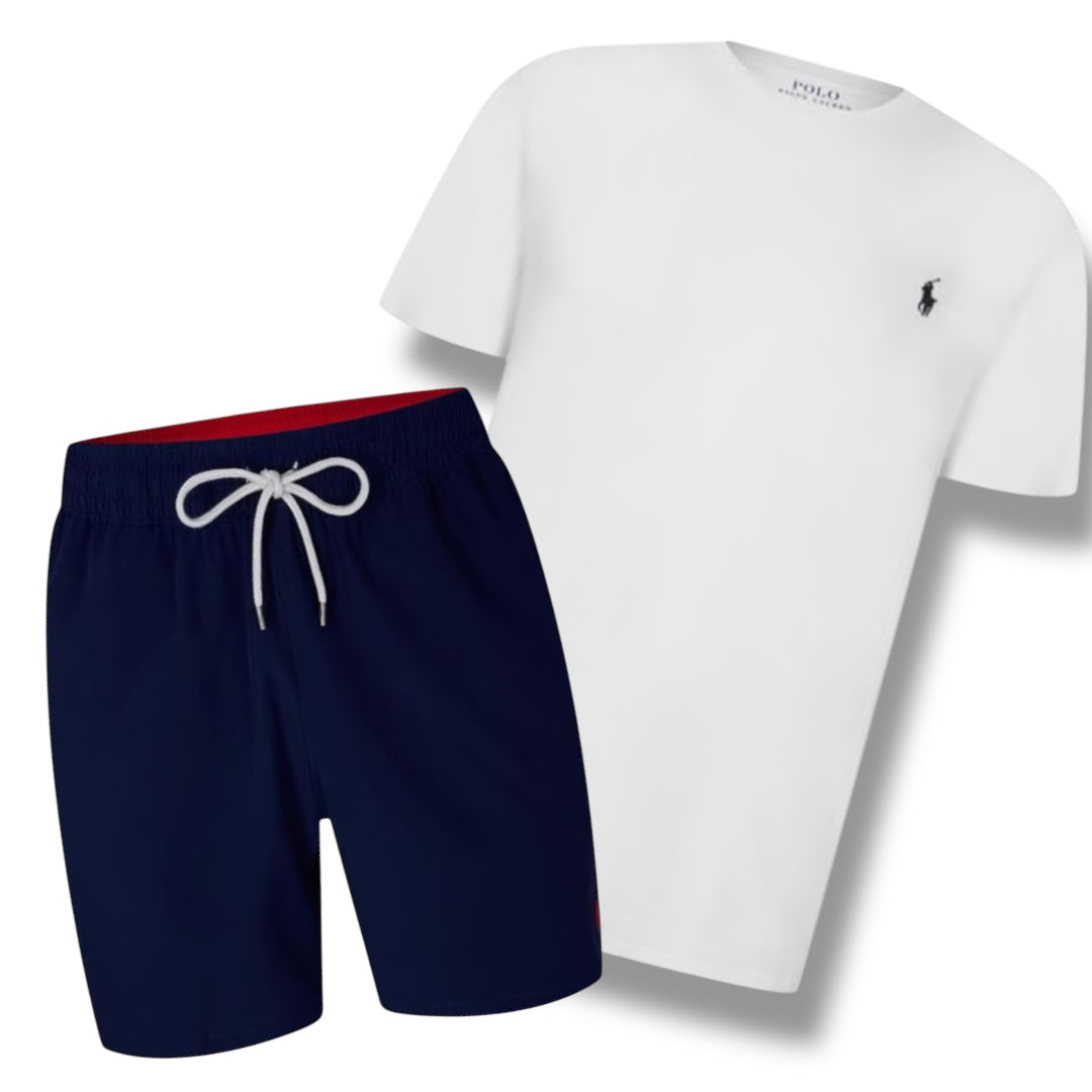 RALPH LAUREN T-SHIRT & SWIM SHORTS COMBO WHITE / NAVY