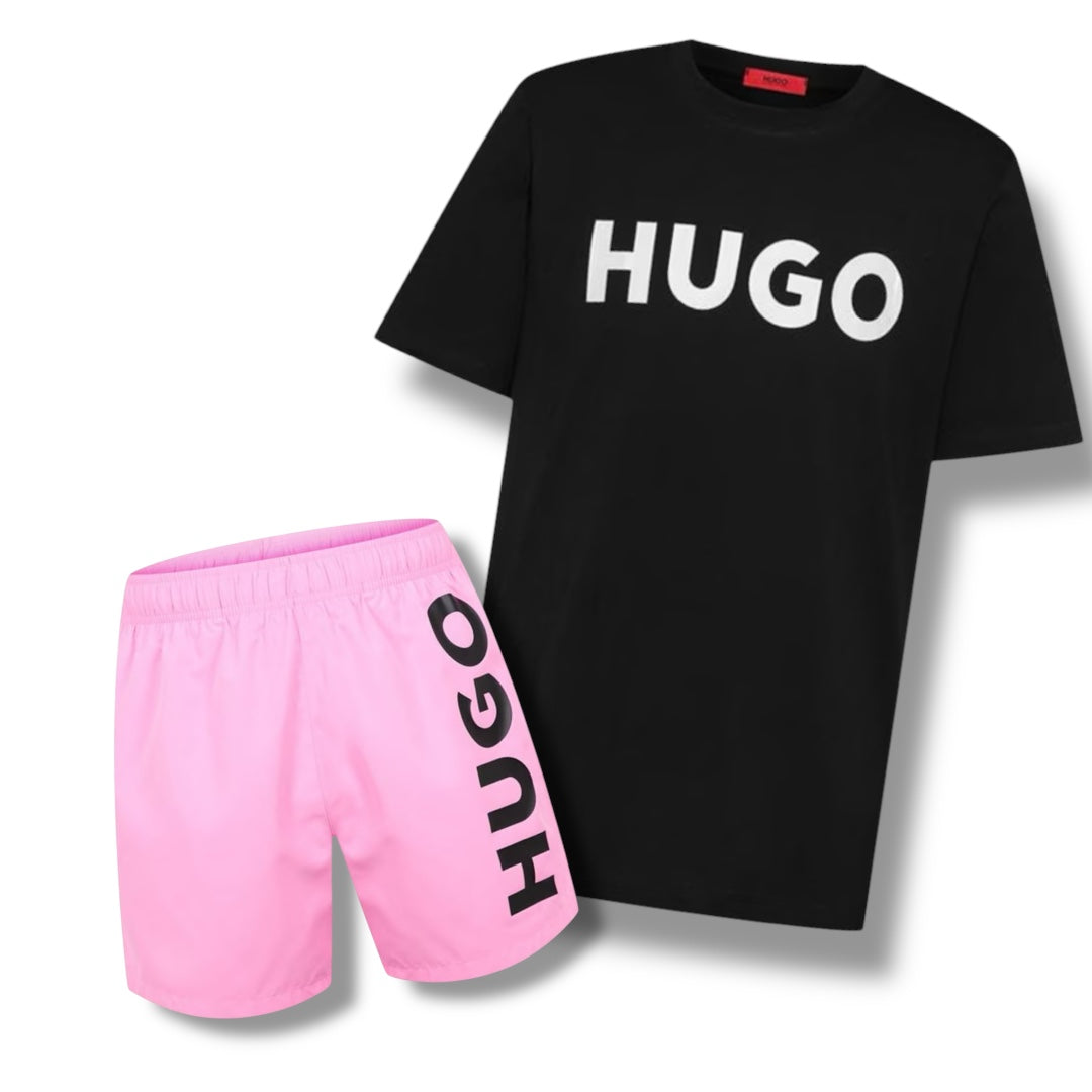 HUGO BIG LOGOT-SHIRT & VERTI SWIM SHORTS COMBO BLACK / PINK