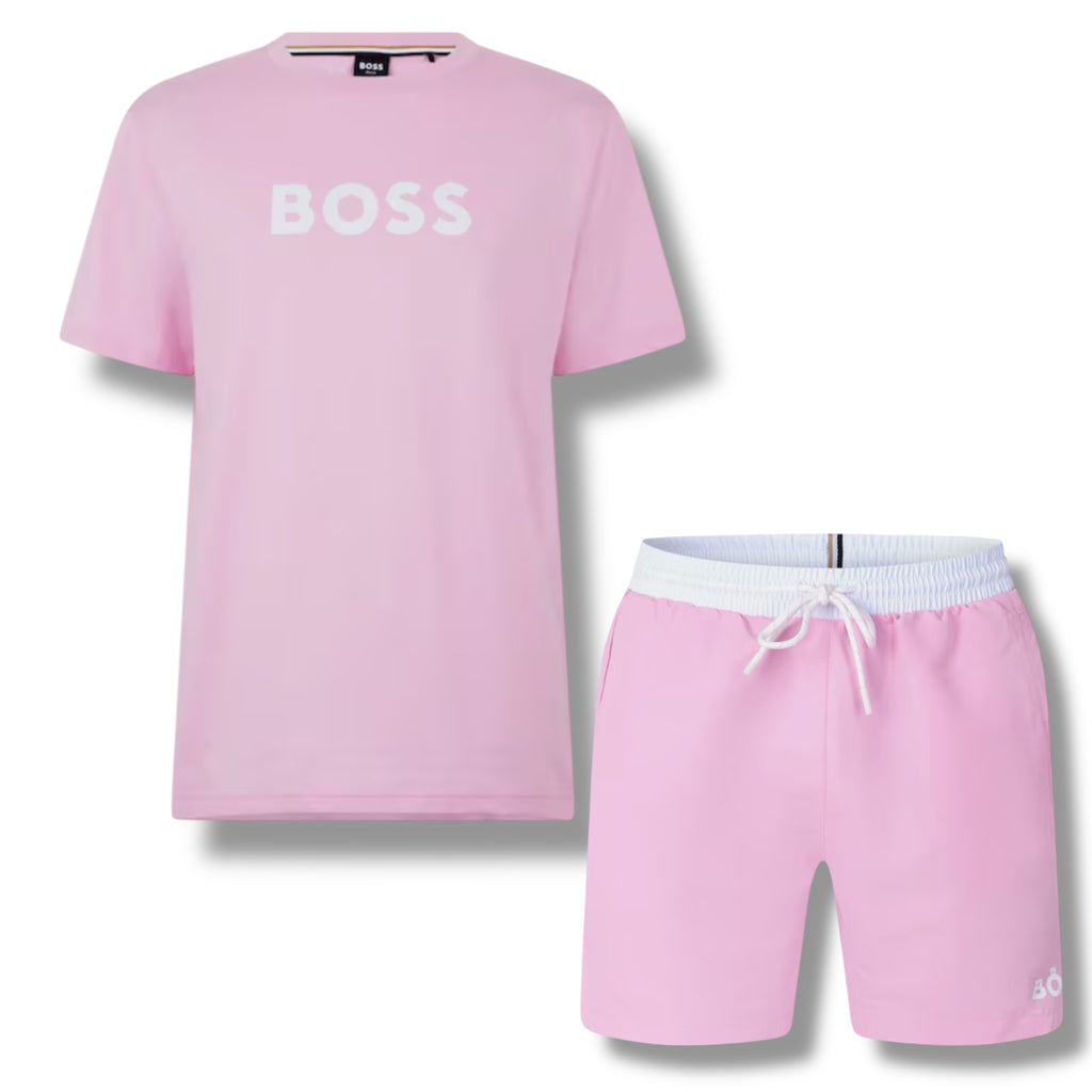 HUGO BOSS BIG LOGO T-SHIRT & SWIM SHORTS COMBO PINK