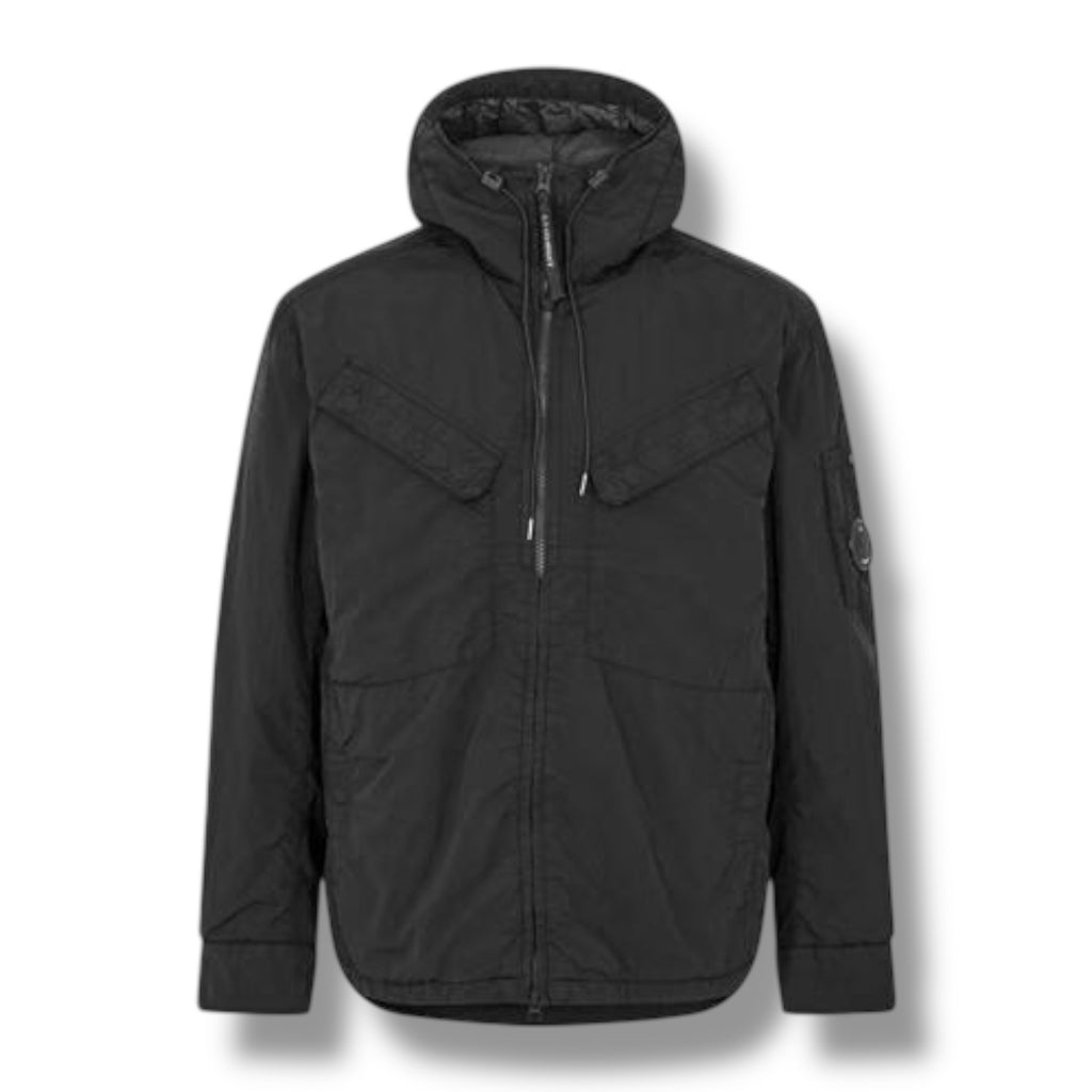CP COMPANY PADDED HOODED LENS JACKET BLACK