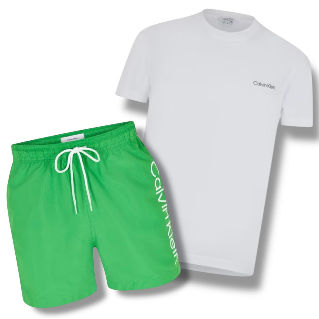 CALVIN KLEIN T-SHIRT & SWIM SHORTS COMBO WHITE / GREEN