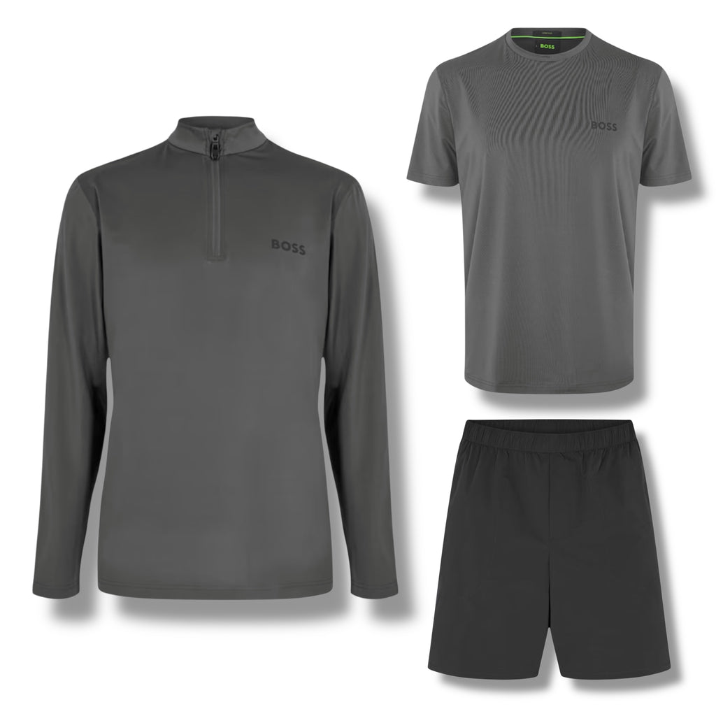HUGO BOSS GYM KIT TRIPLE SET TECH 1/4 ZIP - T-SHIRT & SHORTS GREY