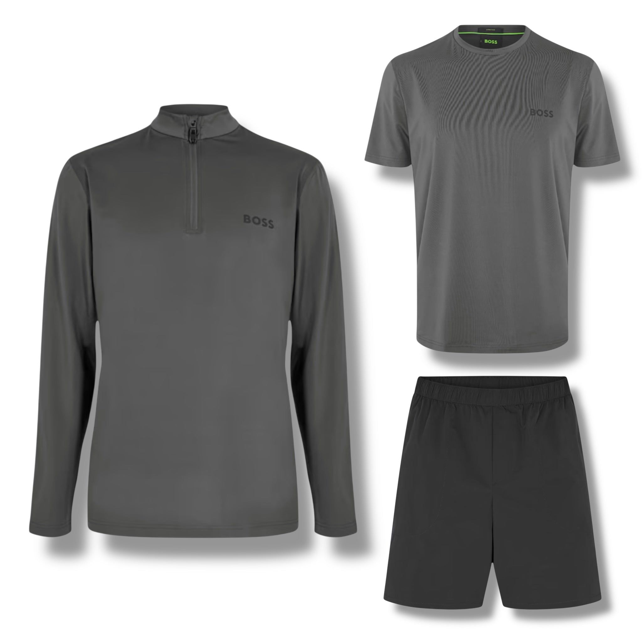 HUGO BOSS GYM KIT TRIPLE SET TECH 1/4 ZIP - T-SHIRT & SHORTS GREY