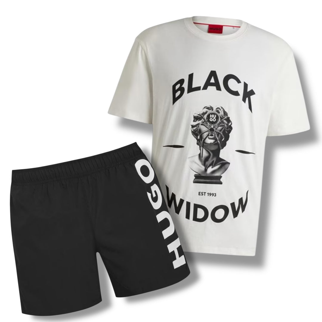 HUGO BLACK WIDOW T-SHIRT & VERTI SWIM SHORTS SET WHITE / BLACK