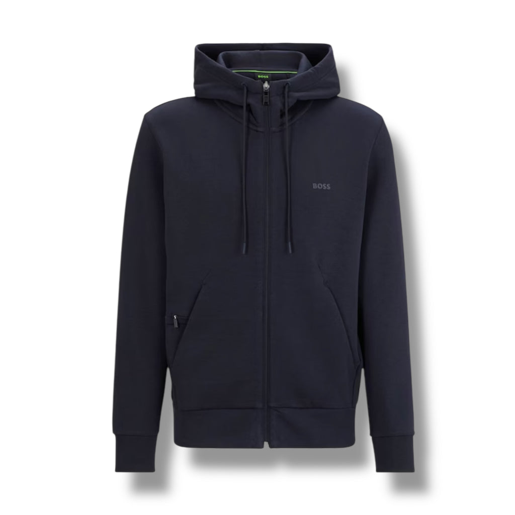 HUGO BOSS CURVED LOGO FULL ZIP HOODED TRACKSUIT NAVY BLUE