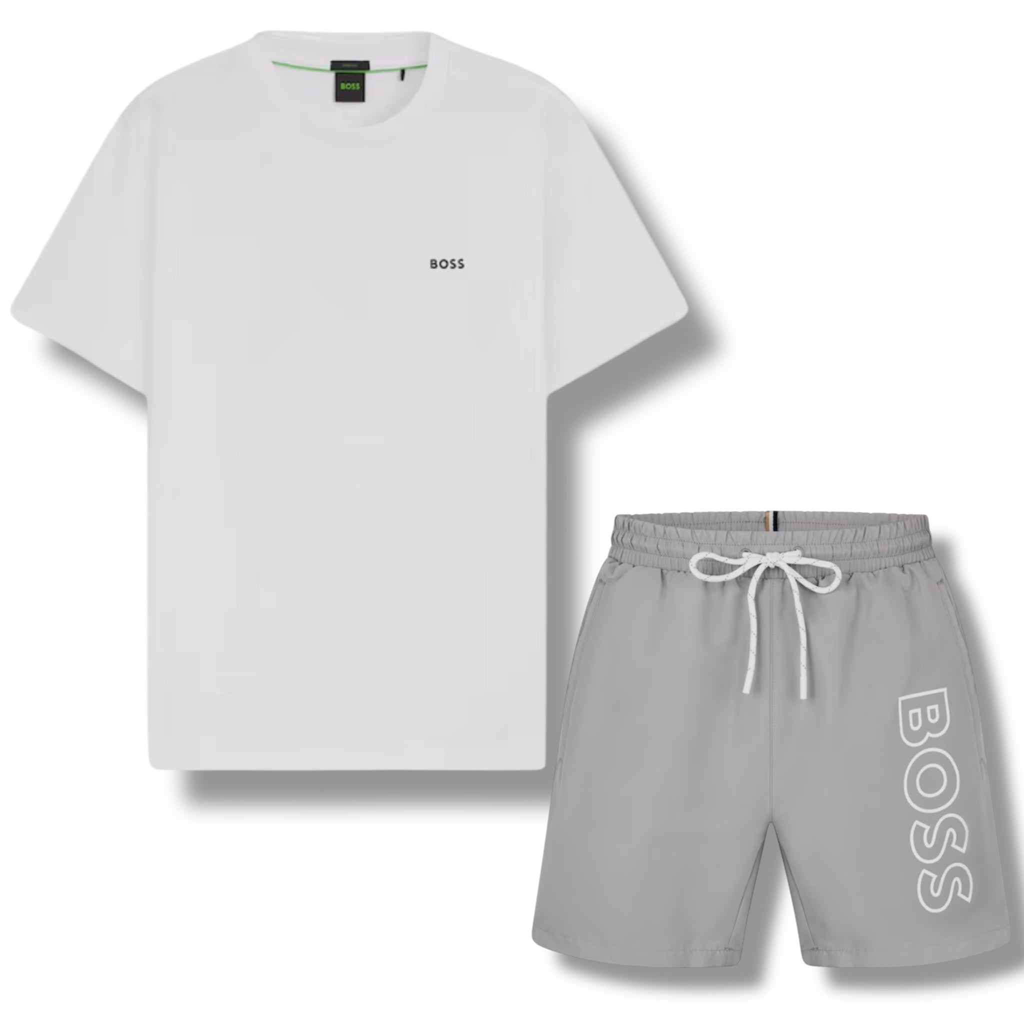 HUGO BOSS SMALL LOGO T-SHIRT & VERTI SWIM SHORTS SET WHITE & GREY