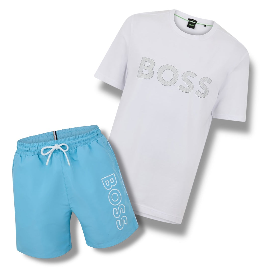 HUGO BOSS CLASSIC LOGO T-SHIRT & SWIM SHORTS SET WHITE & LIGHT BLUE