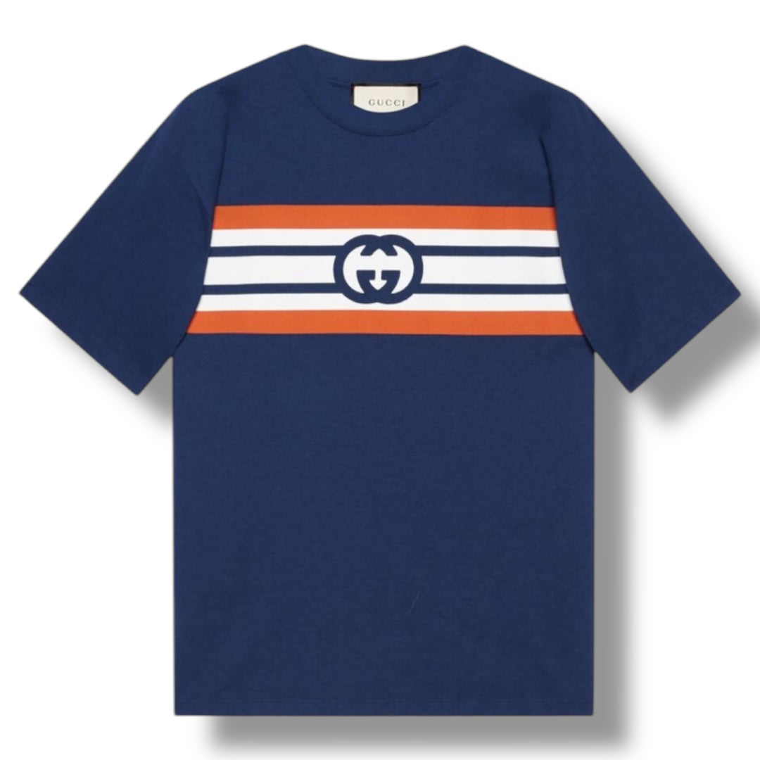 GUCCI GG INTERLOCKING STRIPE T-SHIRT NAVY BLUE