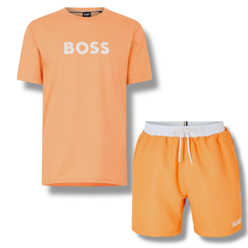 HUGO BOSS BIG LOGO T-SHIRT & SWIM SHORTS COMBO ORANGE