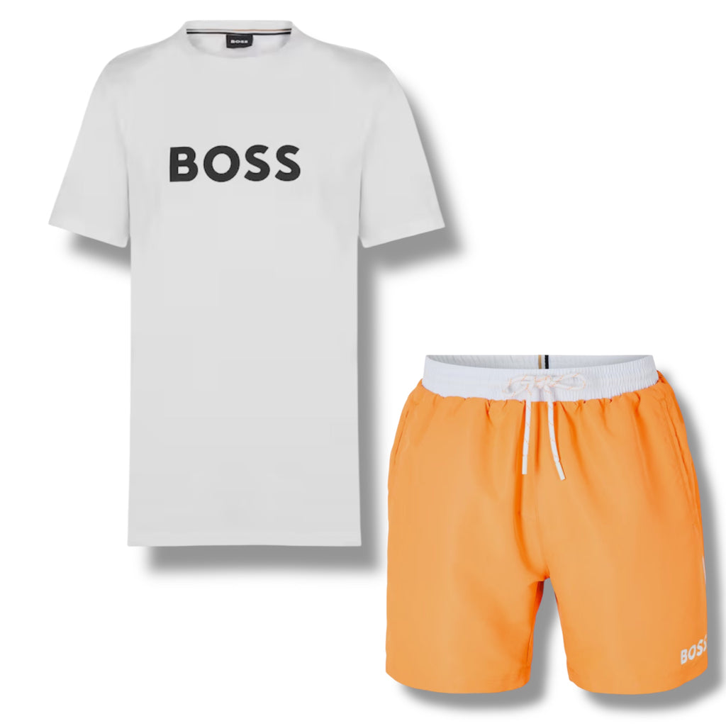 HUGO BOSS BIG LOGO T-SHIRT & SWIM SHORTS COMBO WHITE & ORANGE