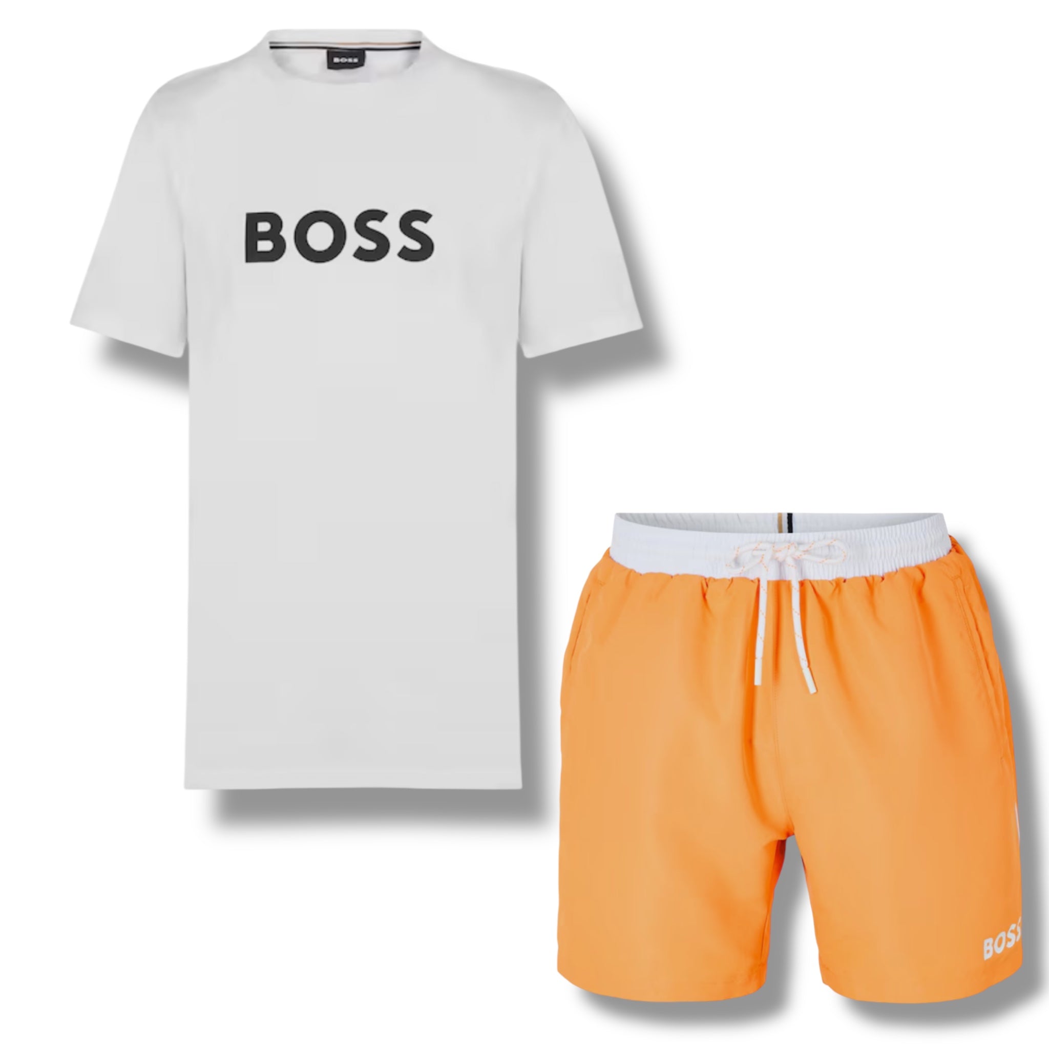 HUGO BOSS BIG LOGO T-SHIRT & SWIM SHORTS COMBO WHITE & ORANGE