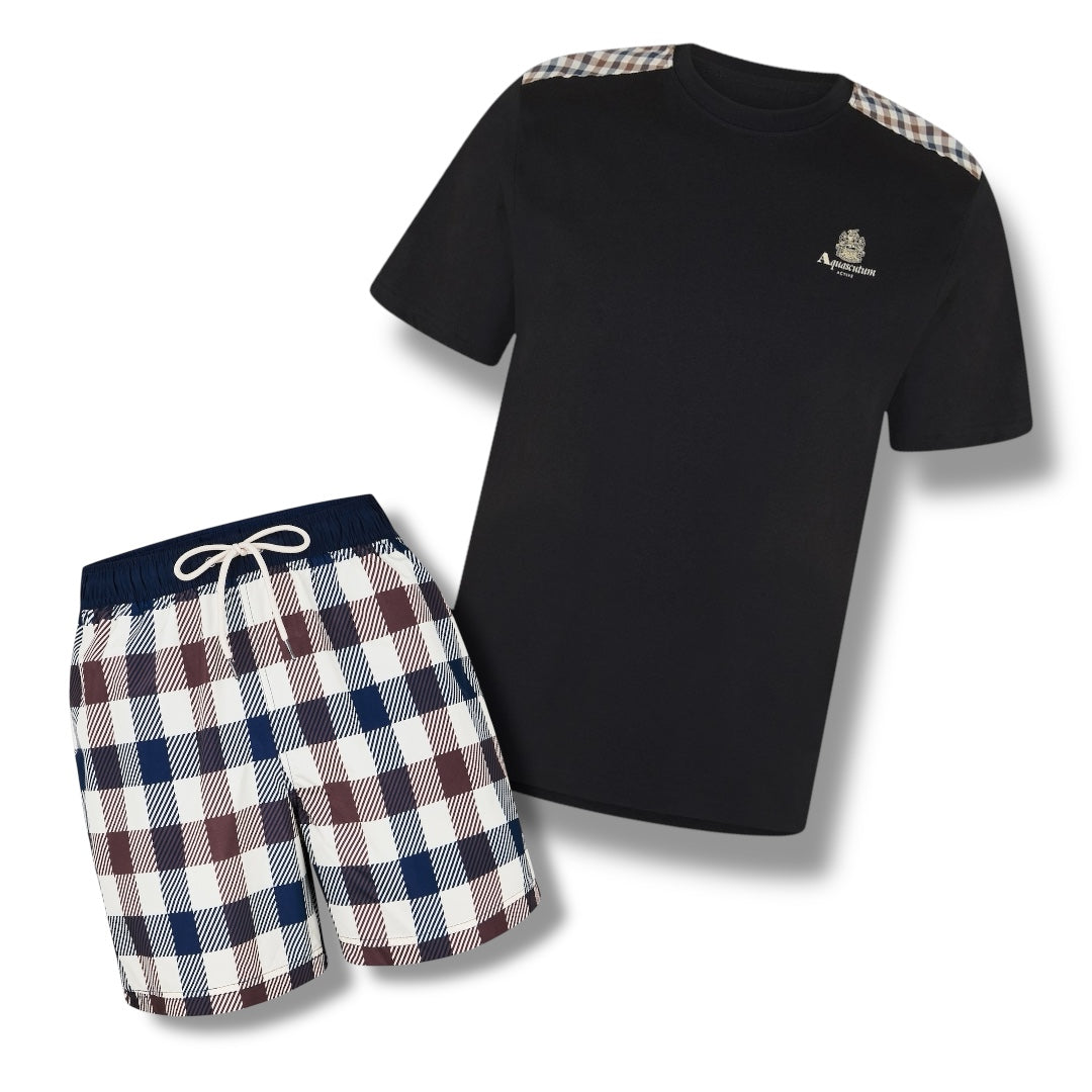 AQUASCUTUM SHOULDER TRIM T-SHIRT & SWIM SHORTS SET BIG CHECK BLACK