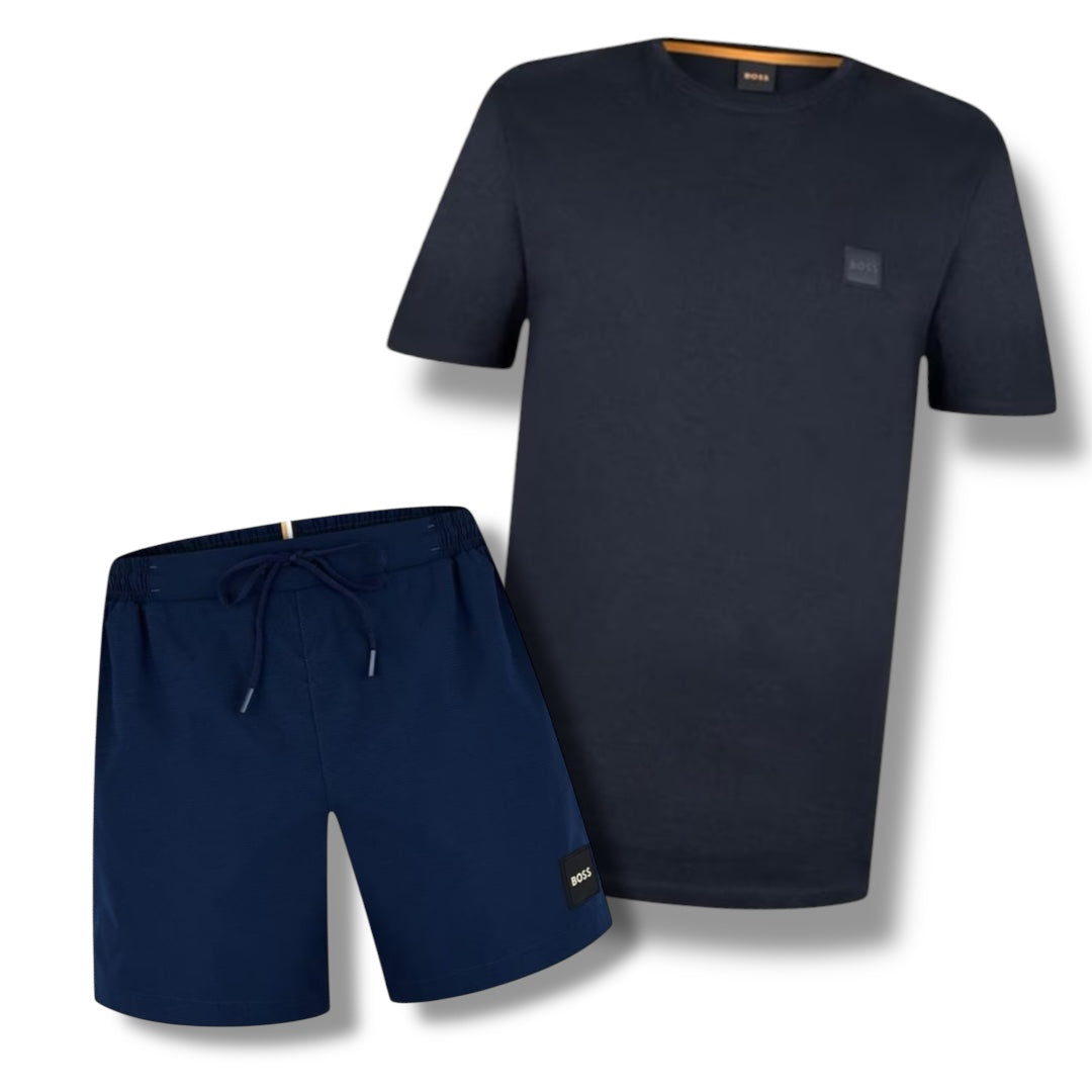 HUGO BOSS PATCH LOGO T-SHIRT & SWIM SHORTS COMBO NAVY BLUE
