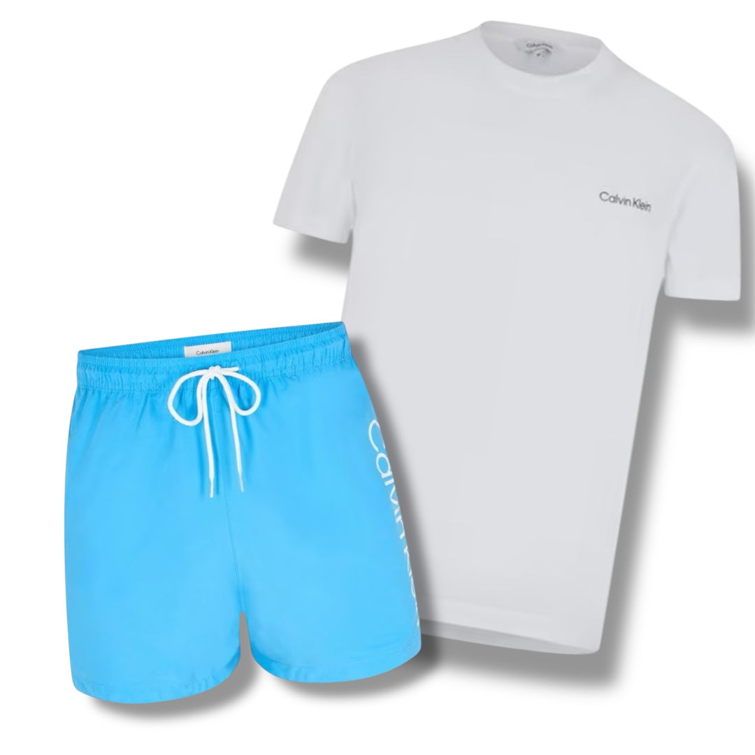 CALVIN KLEIN T-SHIRT & SWIM SHORTS COMBO WHITE / BRIGHT BLUE
