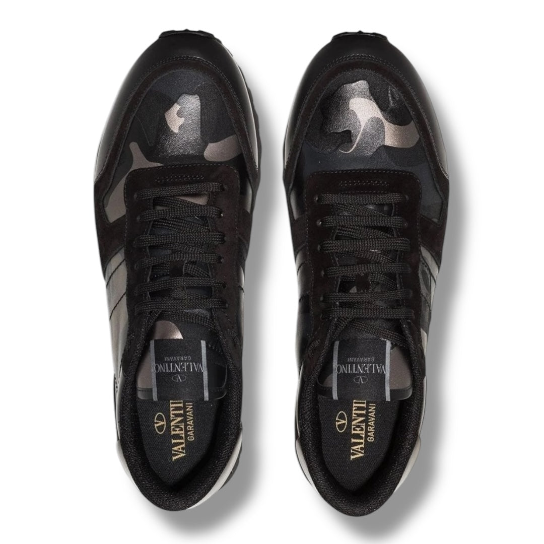 VALENTINO ROCKRUNNER STUD TRAINERS METALLIC BLACK CAMO