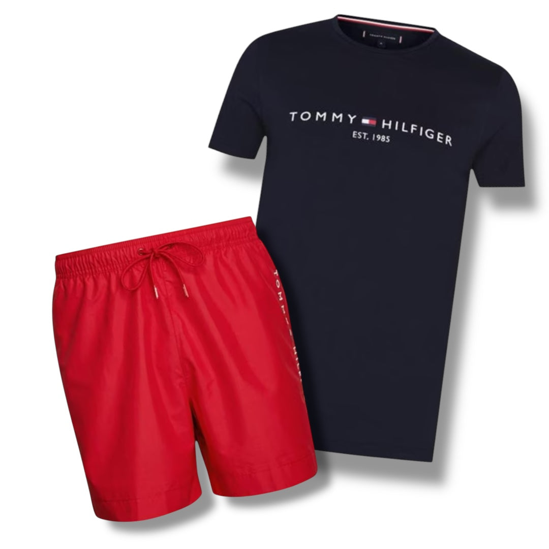 TOMMY HILFIGER EMBROIDERED LOGO T-SHIRT & SWIM SHORTS COMBO NAVY / RED