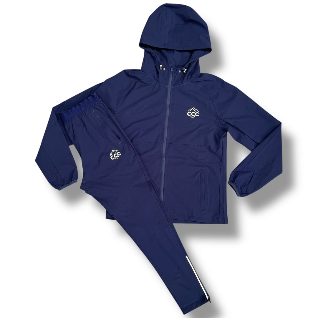 CCC ACTIVEWEAR HOODED FULL TECH TRACKSUIT MOUNTAIN LOGO NAVY BLUE