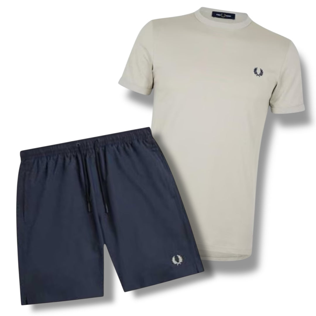 FRED PERRY T-SHIRT & SWIM SHORTS COMBO BEIGE / NAVY BLUE
