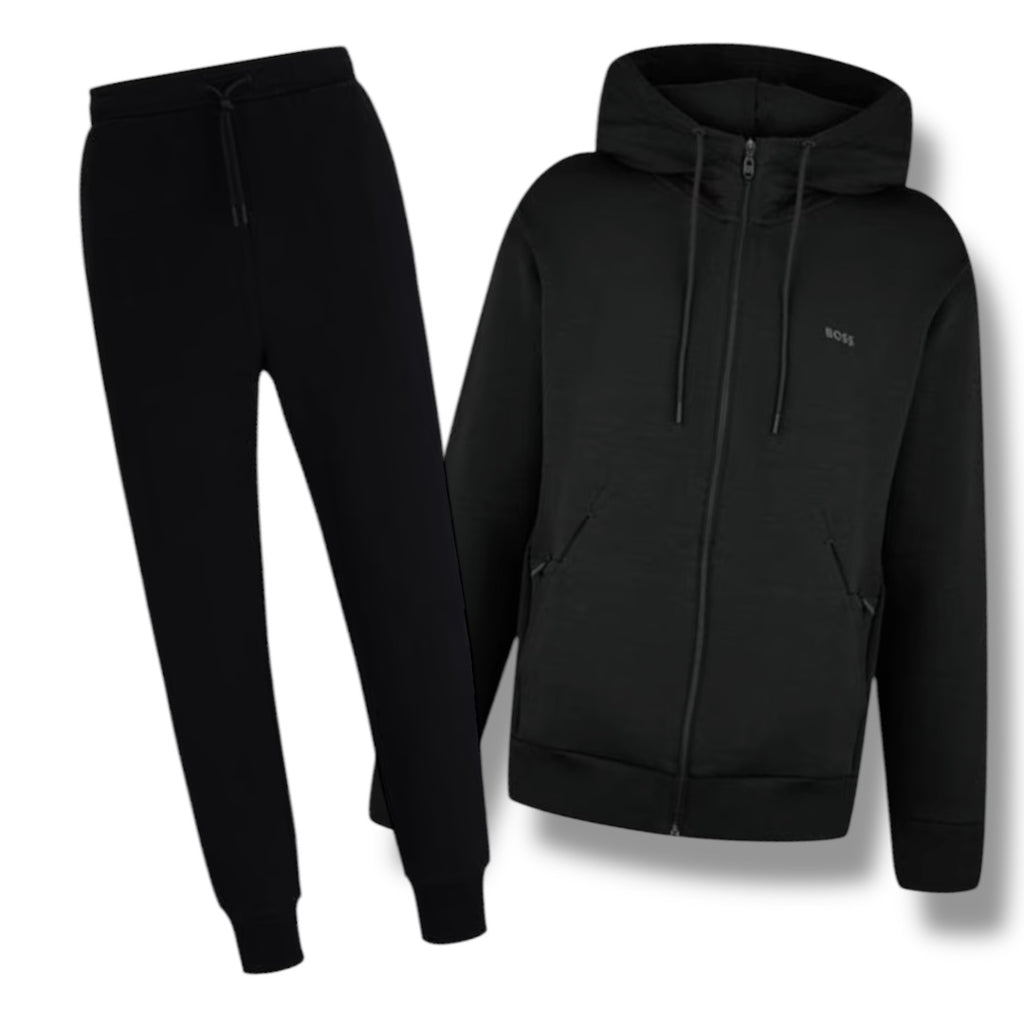 HUGO BOSS CURVED LOGO FULL ZIP HOODED TRACKSUIT BLACK