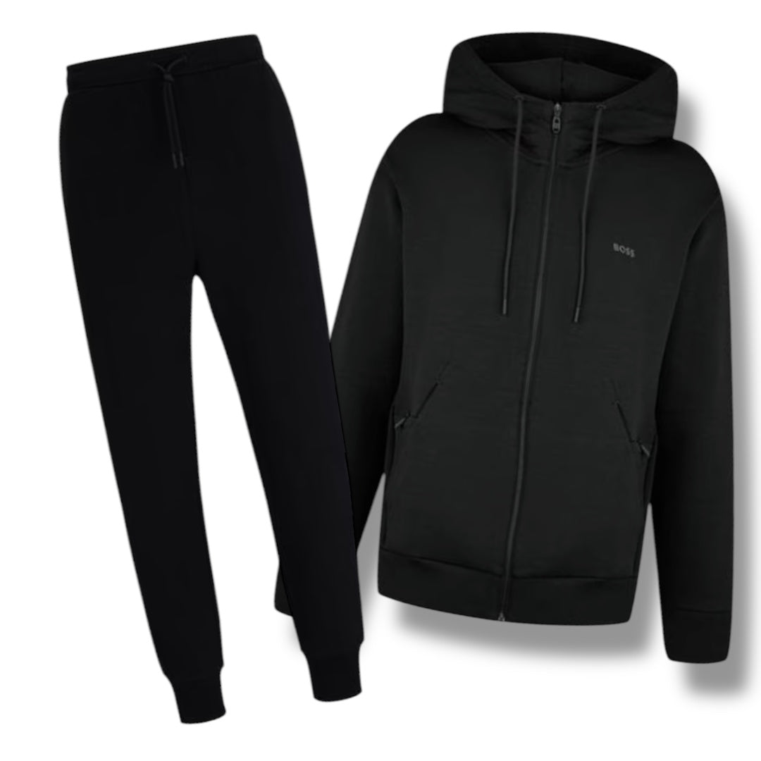 HUGO BOSS CURVED LOGO FULL ZIP HOODED TRACKSUIT BLACK
