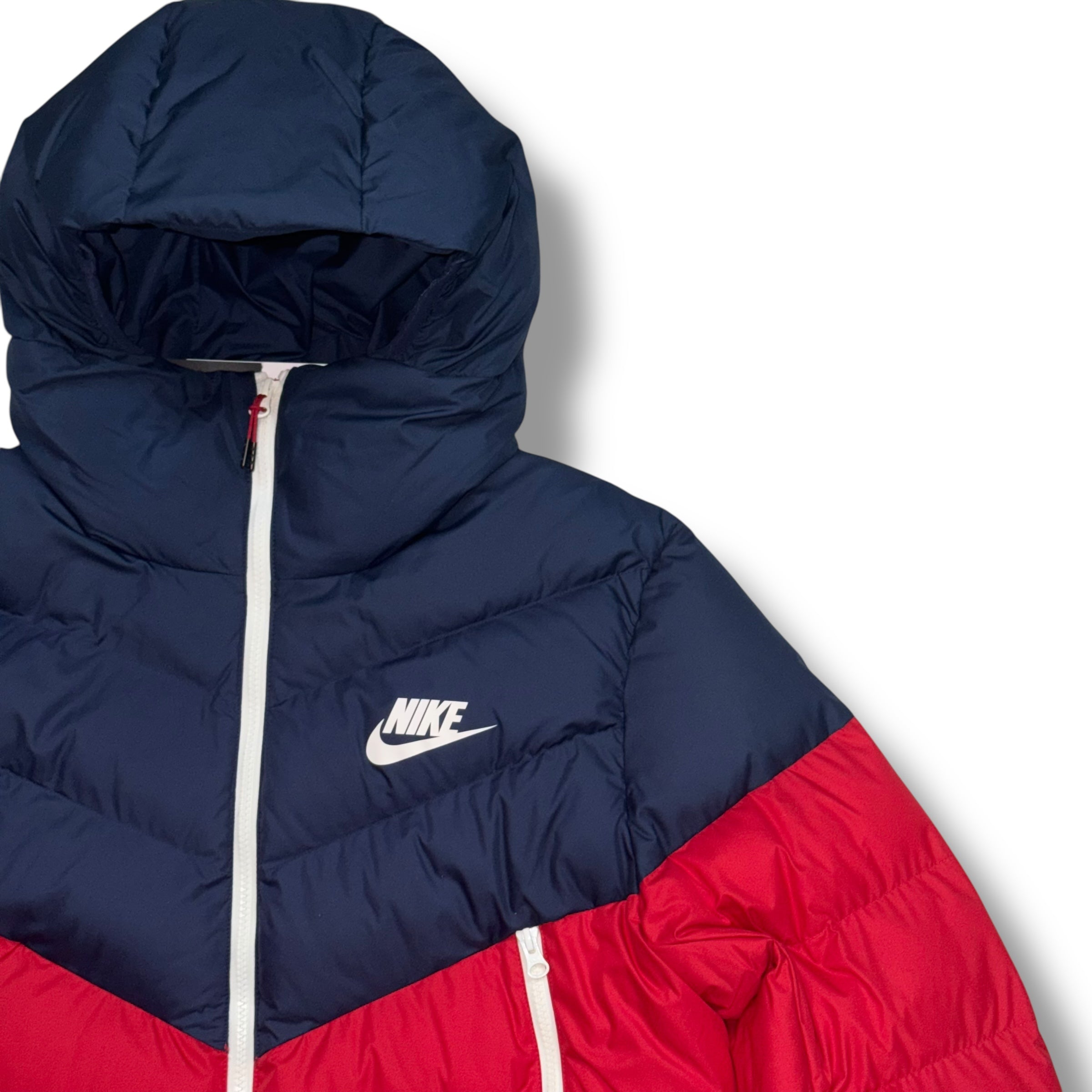 NIKE PRIMALOFT HOODED PUFFER JACKET RED & NAVY BLUE