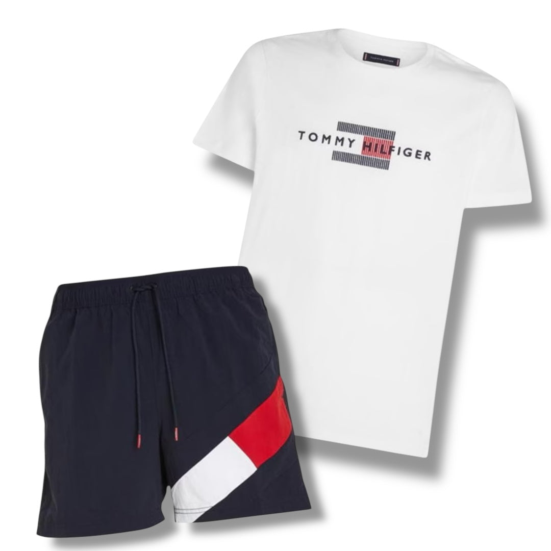 TOMMY HILFIGER FLAG LOGO T-SHIRT & SWIM SHORTS COMBO WHITE / NAVY