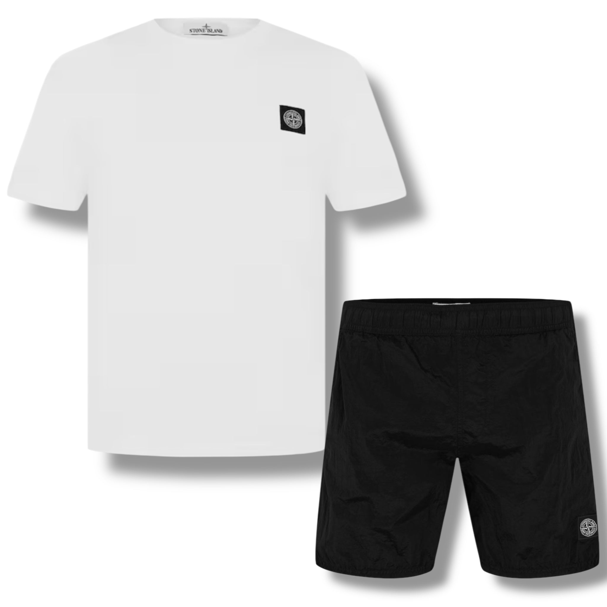 STONE ISLAND PATCH LOGO T-SHIRT & NYLON METAL SWIM SHORTS COMBO WHITE & BLACK