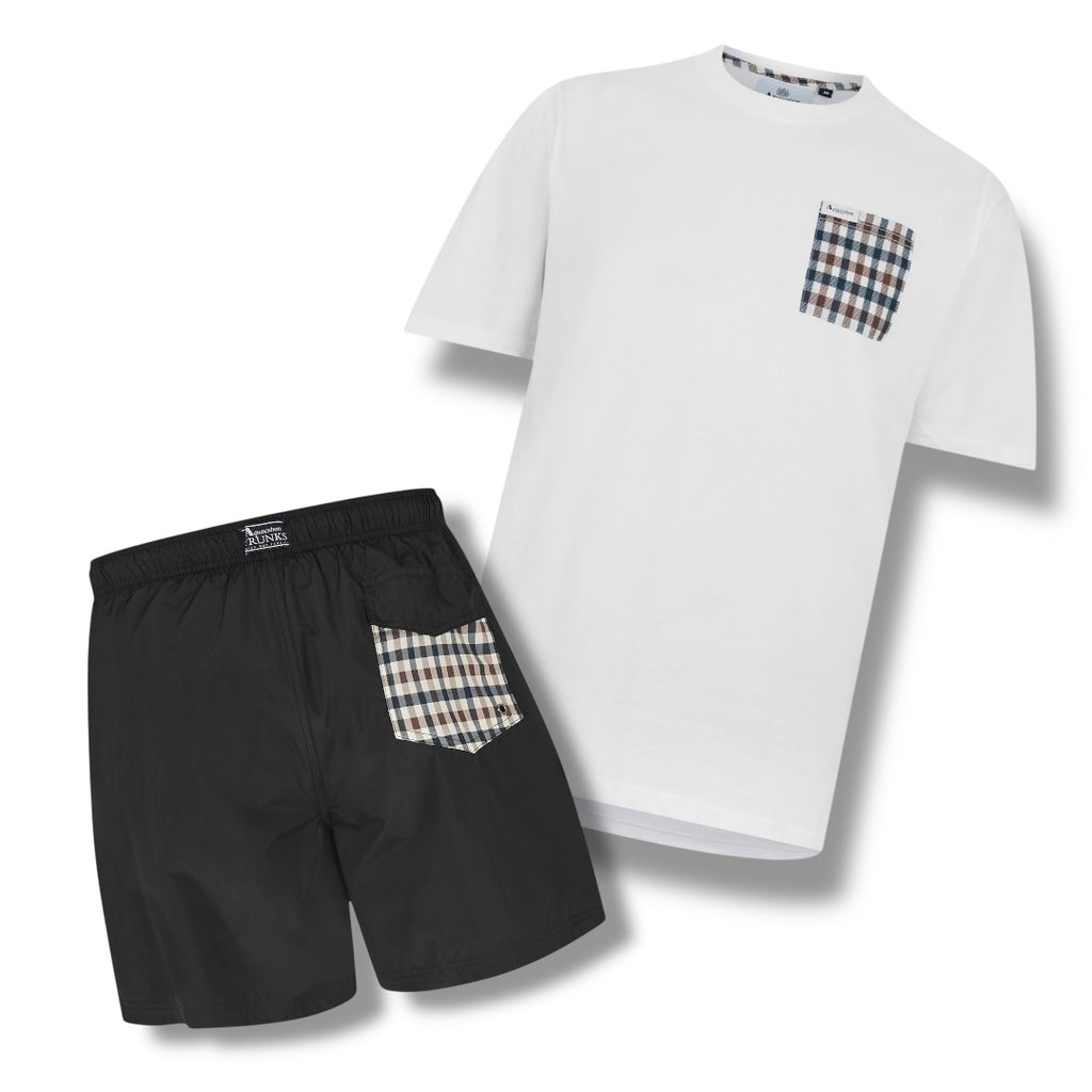 AQUASCUTUM PATCH POCKET T-SHIRT & SWIM SHORTS SET BACK POCKET WHITE / BLACK
