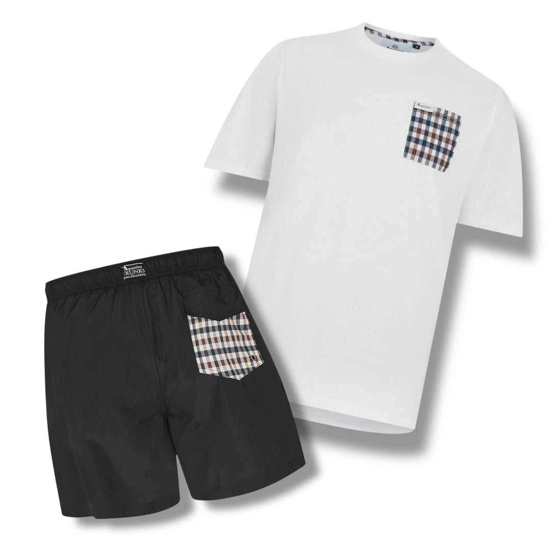AQUASCUTUM PATCH POCKET T-SHIRT & SWIM SHORTS SET BACK POCKET WHITE / BLACK