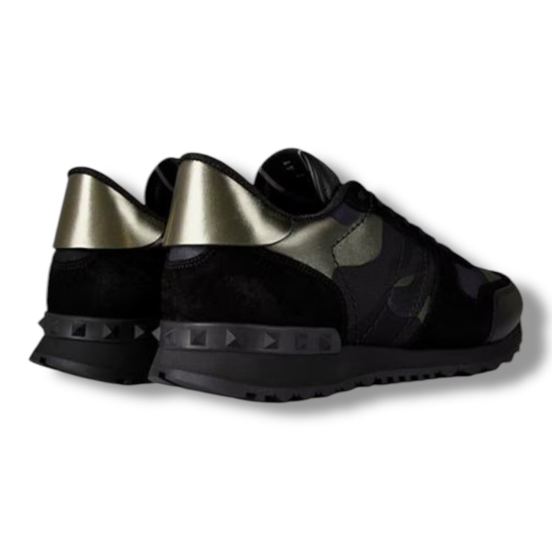 VALENTINO ROCKRUNNER STUD TRAINERS BLACK METALLIC CAMO