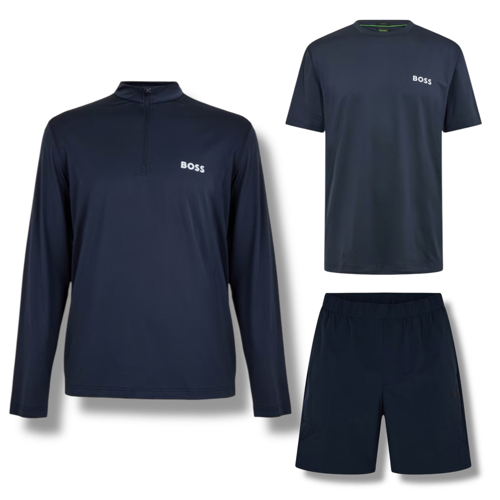HUGO BOSS GYM KIT TRIPLE SET TECH 1/4 ZIP - T-SHIRT & SHORTS NAVY BLUE