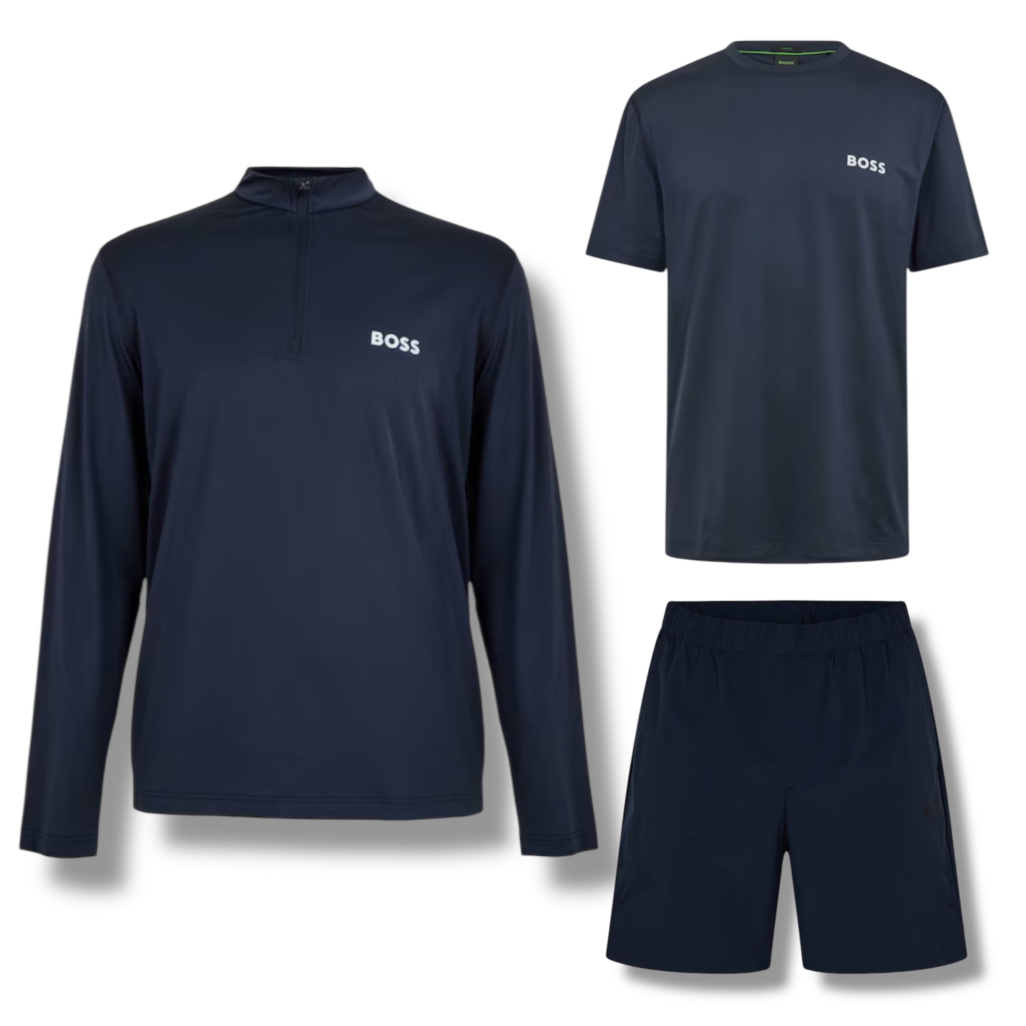 HUGO BOSS GYM KIT TRIPLE SET TECH 1/4 ZIP - T-SHIRT & SHORTS NAVY BLUE